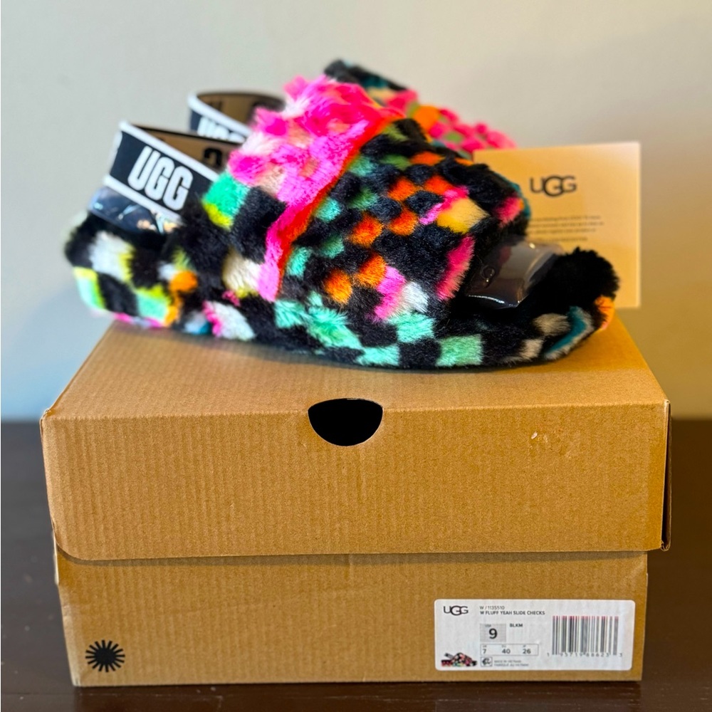 UGG Womens Fluff Yeah Slide Checks Black Multi Size 9